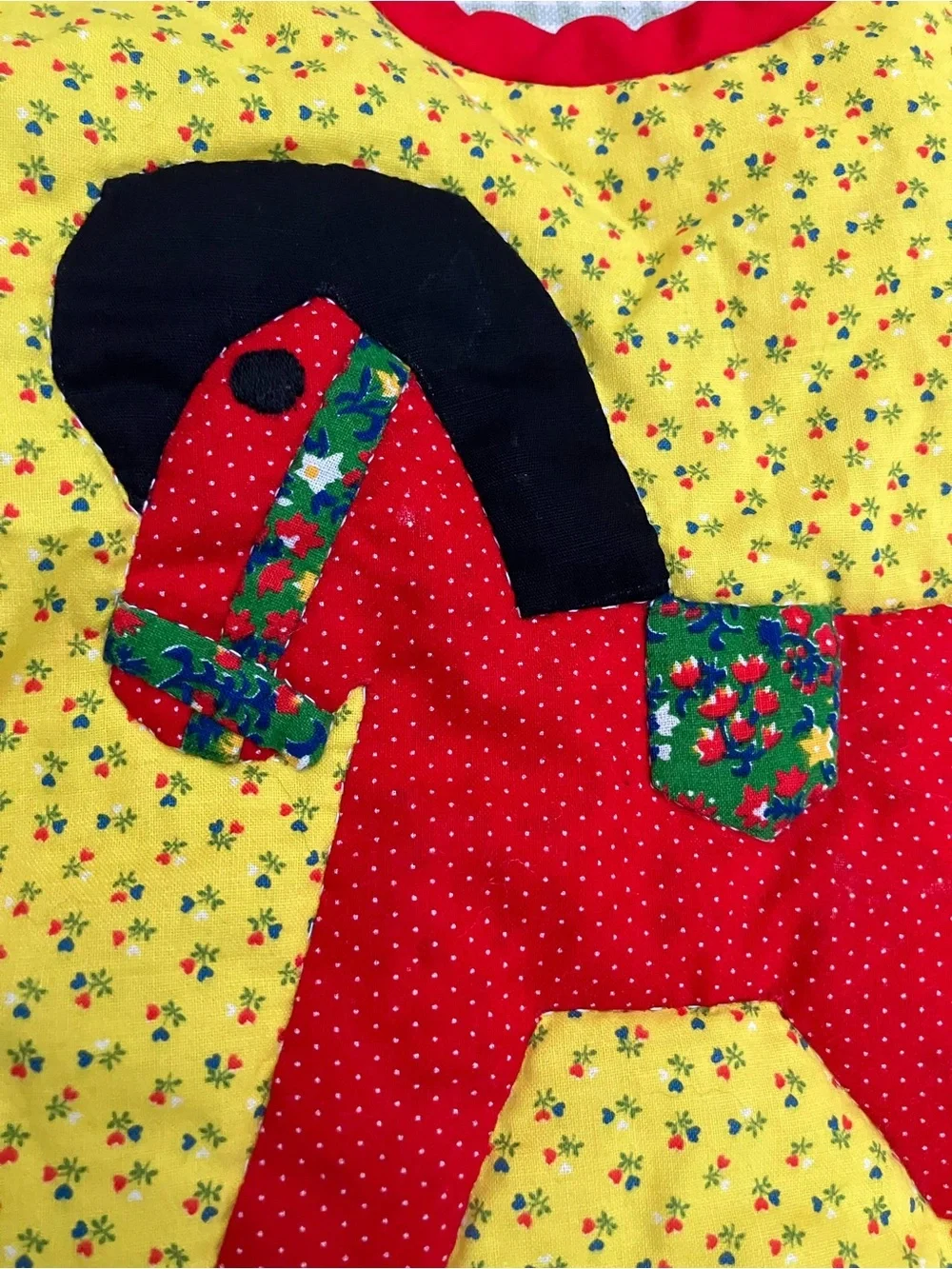 Vintage 1980’s applique quilted handmade bib rocking horse signed